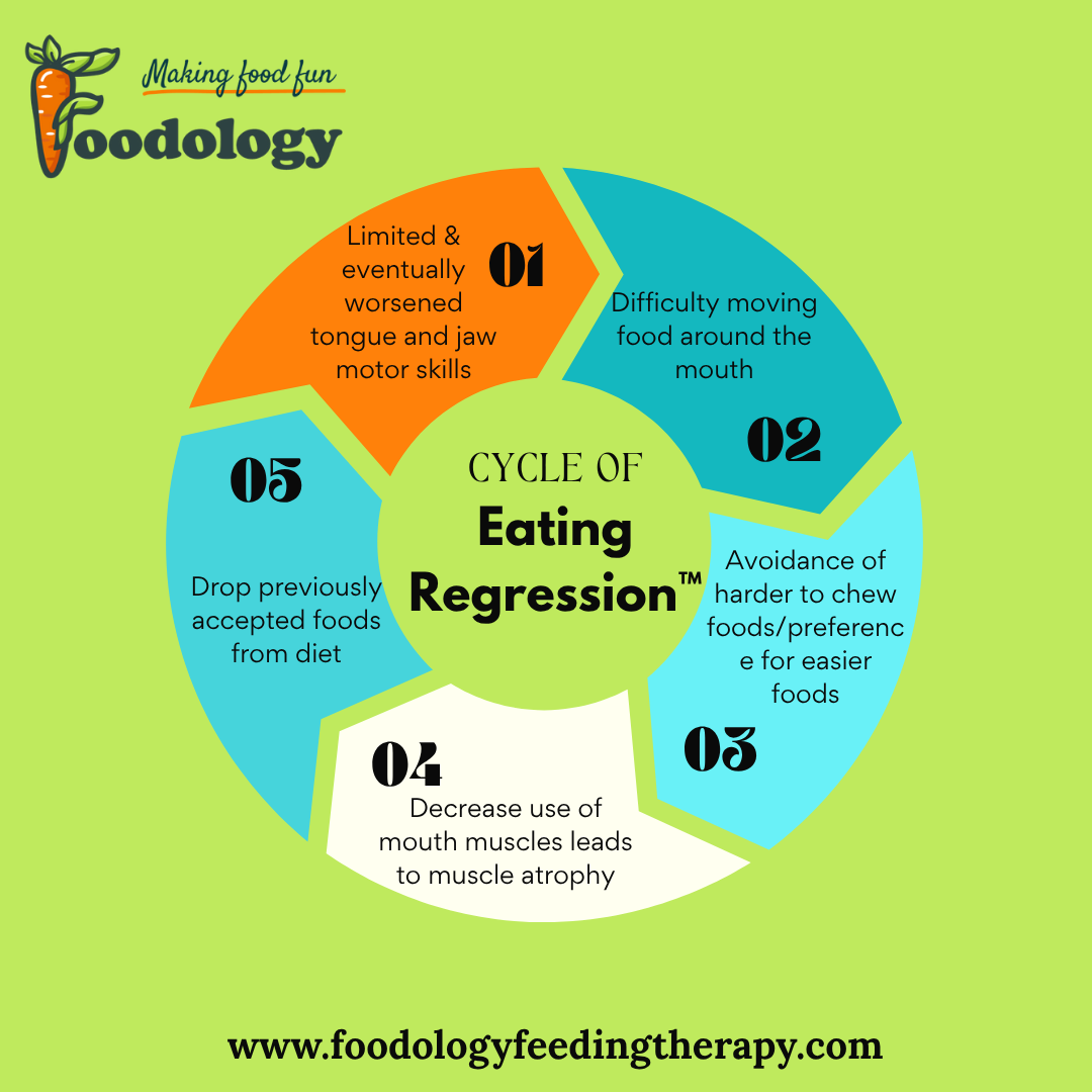A circular chart titled “Cycle of Eating Regression™” shows five stages in a repeated loop: Limited tongue mobility Difficulty moving food around the mouth Avoidance of harder-to-chew foods and preference for easier foods Decreased use of mouth muscles leading to muscle atrophy Dropping previously accepted foods from the diet, which further reduces oral motor use and worsens tongue mobility — restarting the cycle. The graphic is branded with the Foodology logo and the tagline “Making food fun.”